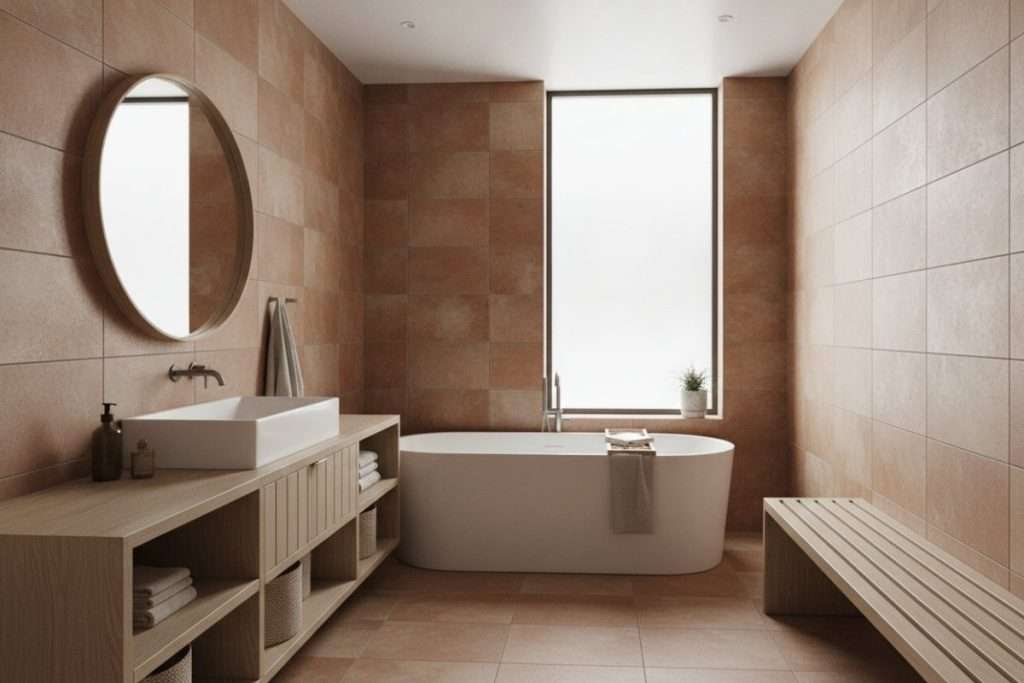 Salle de bain : mariage réussi du terracotta et du bois
