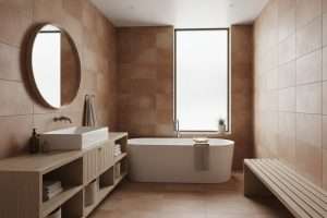 Salle de bain : mariage réussi du terracotta et du bois